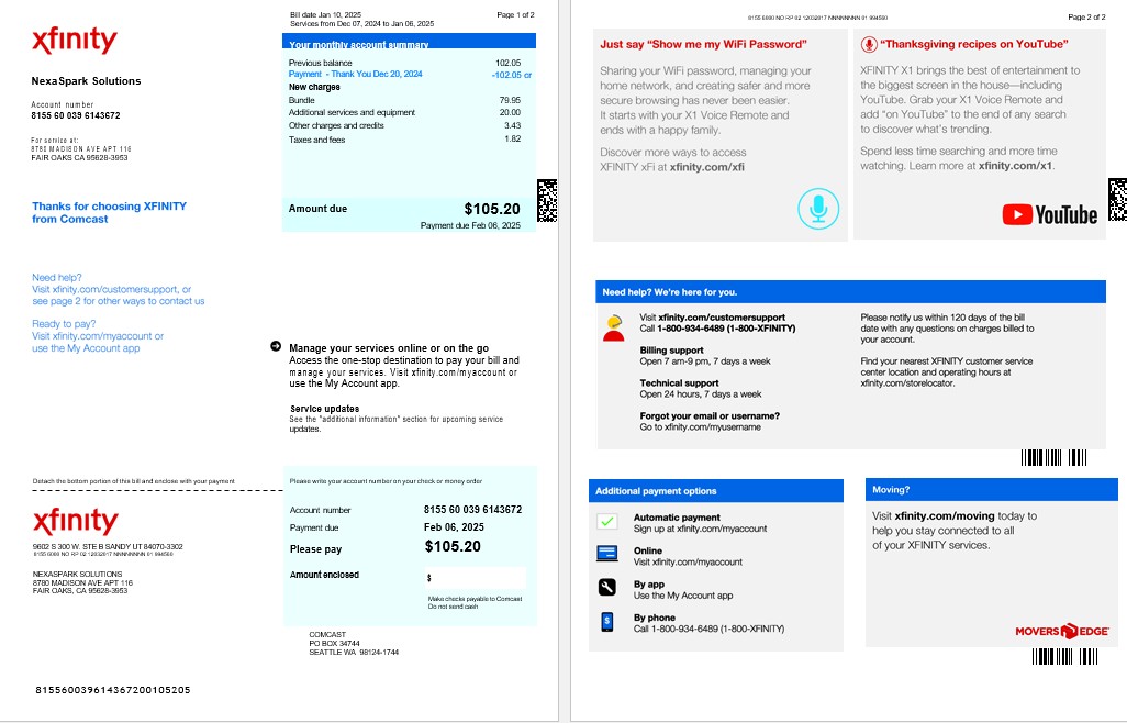 USA XFINITY business utility bill Word and PDF template, version 2 PSD template